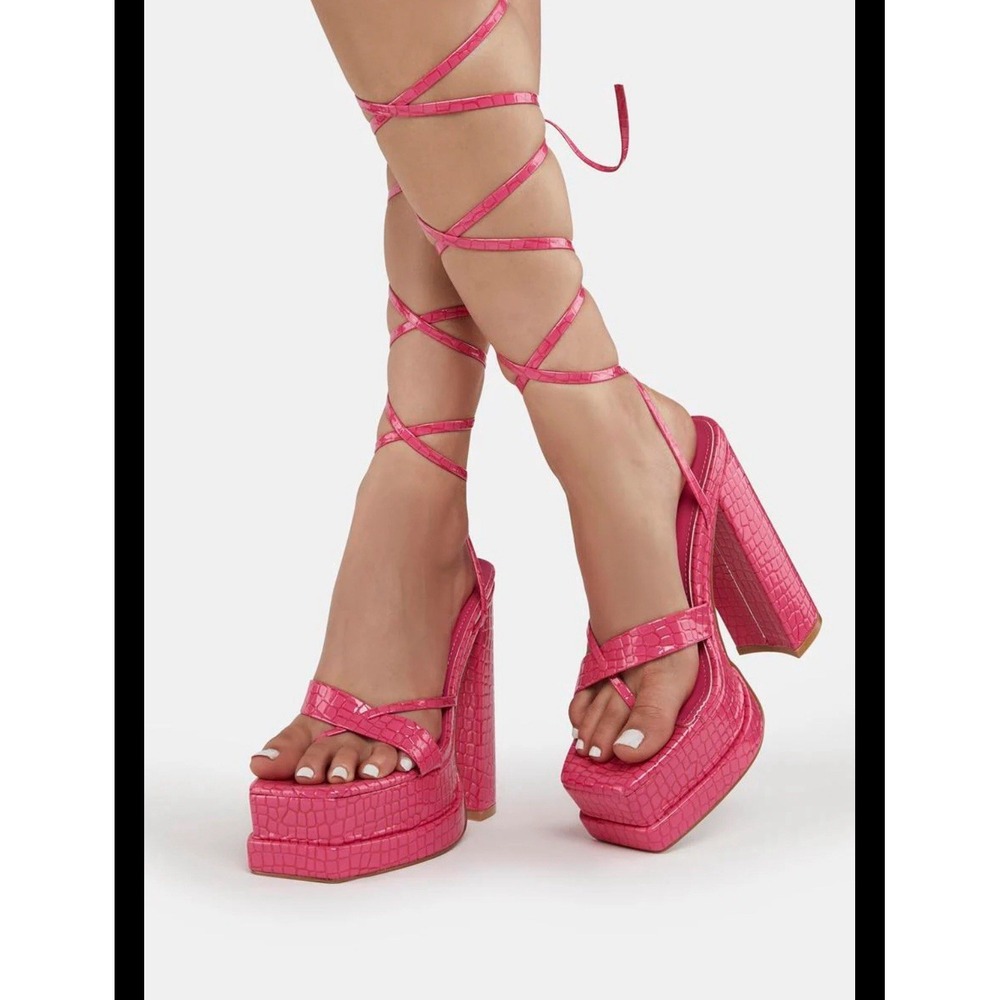 NWT Simmi London Heel Pink Crocodile Embossed Platform Block Heel Lace up Straps